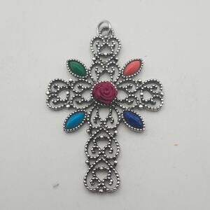 Vintage Avon Romanesque Cross Pendant Silver Tone Filigree Cloth Rose Signed